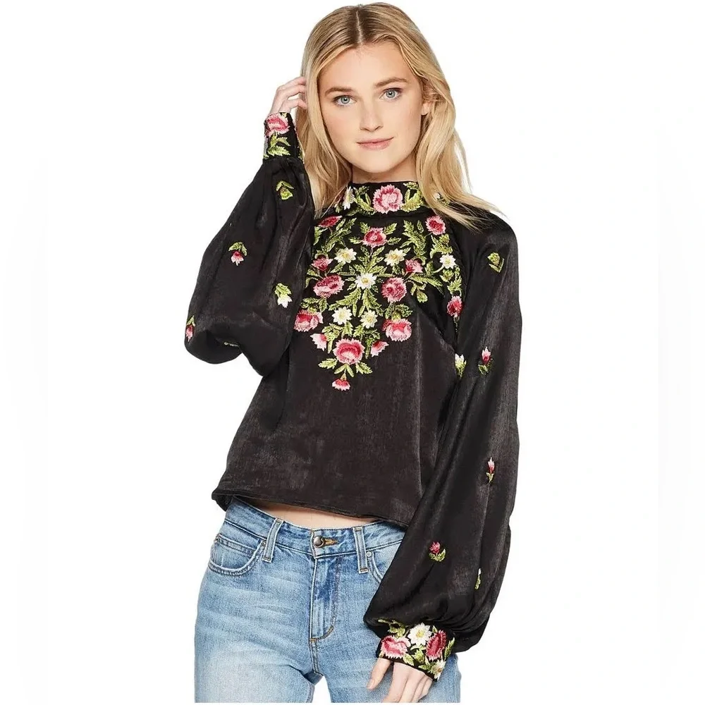 Free People High Neck Embroidered Jessica Blouse XS